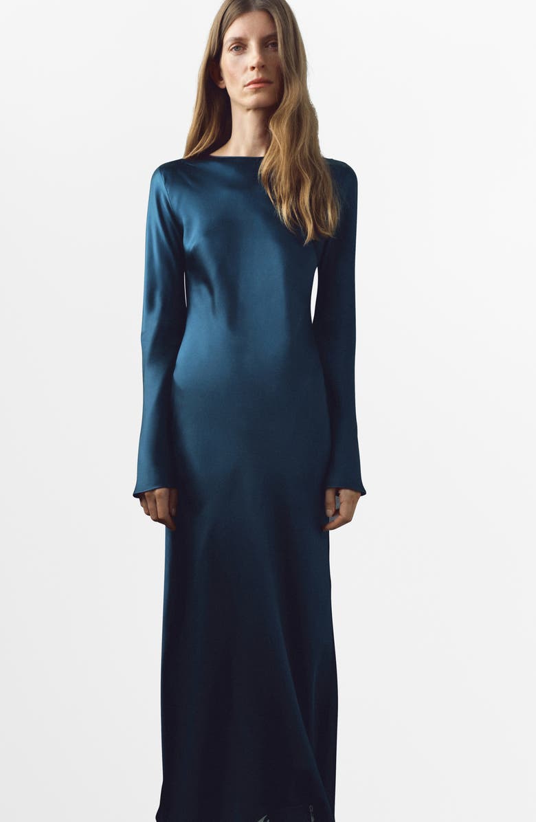 MANGO Long Sleeve Satin Midi Dress, Alternate, color, Navy