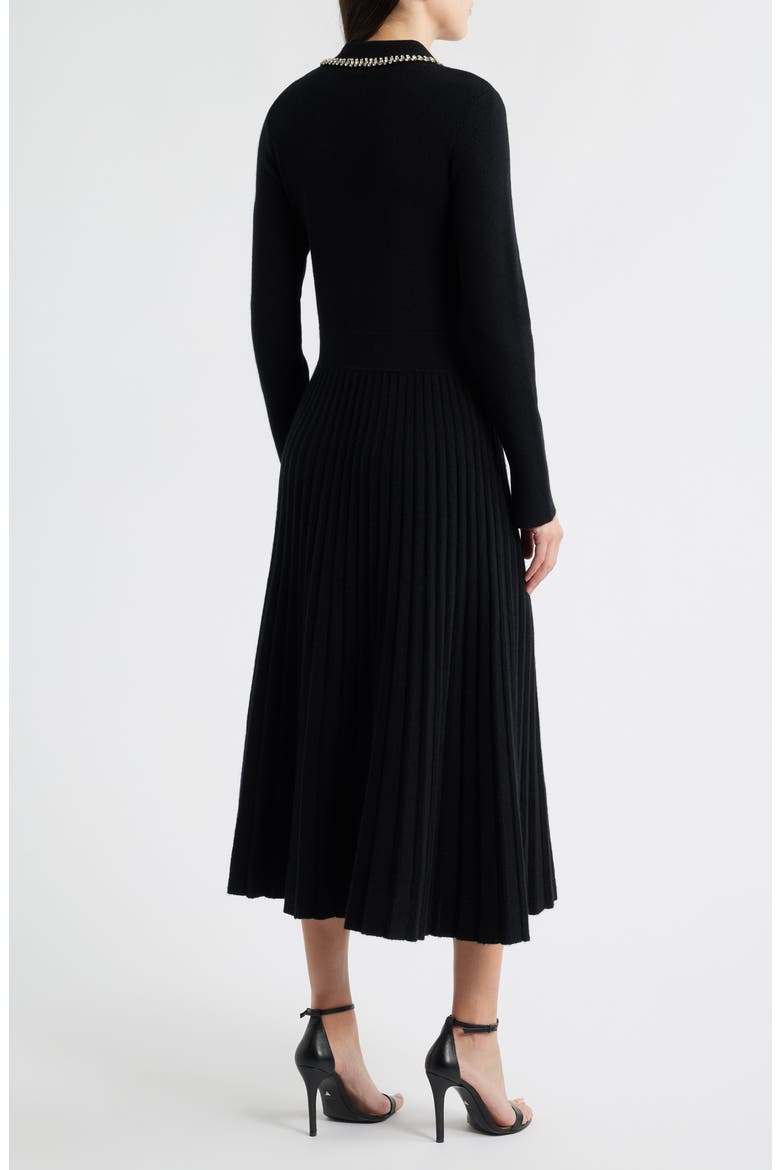Penny Embellished Collar Pleated Long Sleeve Cashmere Sweater Dress, Alternate, color, NOIR BLACK