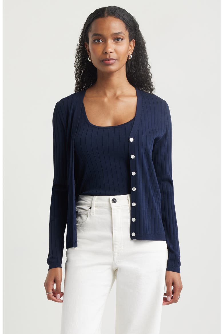 Fitted V-Neck Rib Cardigan, Main, color, NAVY NIGHT