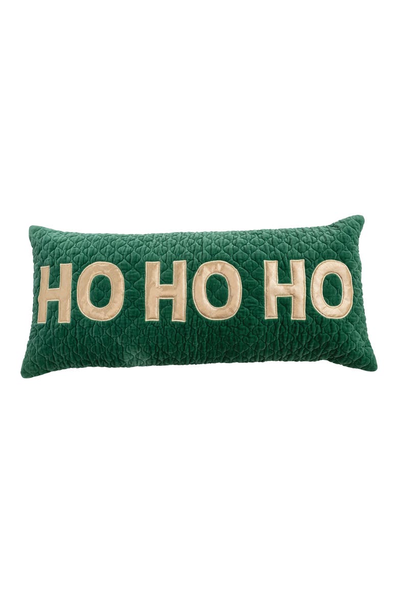Storied Home Woven Cotton Velvet Quilted Lumbar Pillow with Appliqued "HO HO HO", Green and Gold Color, Main, color, Green