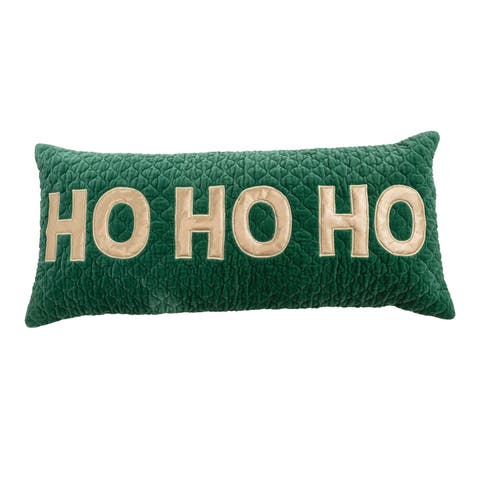 Woven Cotton Velvet Quilted Lumbar Pillow with Appliqued "HO HO HO", Green and Gold Color