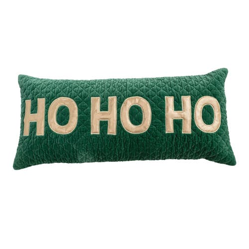 Storied Home Woven Cotton Velvet Quilted Lumbar Pillow With Appliqued "ho Ho Ho", Green And Gold Col In Green