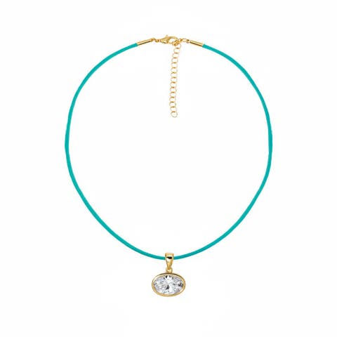 CZ Oval Bezel Charm & Rope Chain Choker Necklace