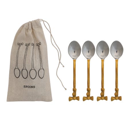 4-Piece Coffee Spoons with Gold Finish Bow Handles, Stainless Steel and Brass