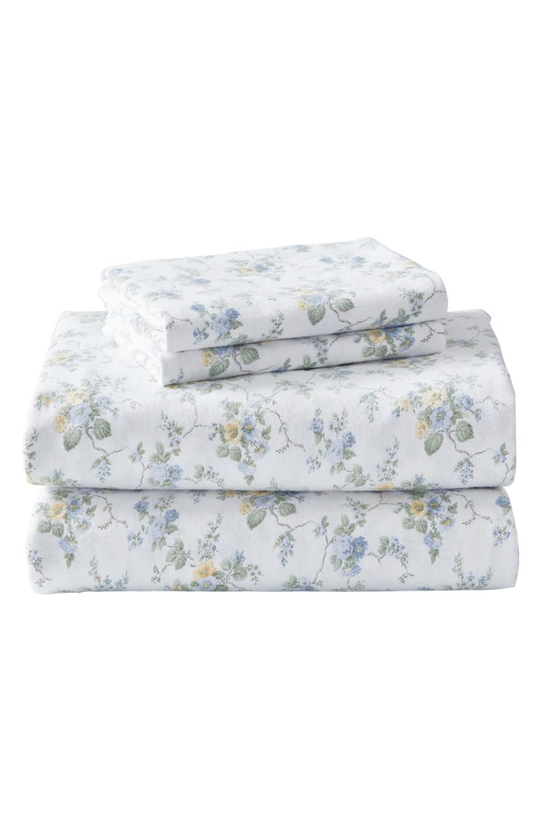 Laura Ashley Le Fleur Cotton Flannel Queen Sheet Set, Main, color, Blue