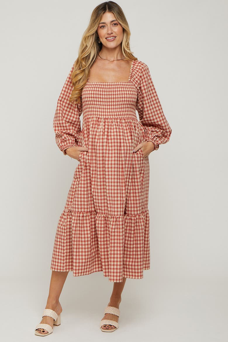 Gingham Long Sleeve Midi Dress, Alternate, color, Red