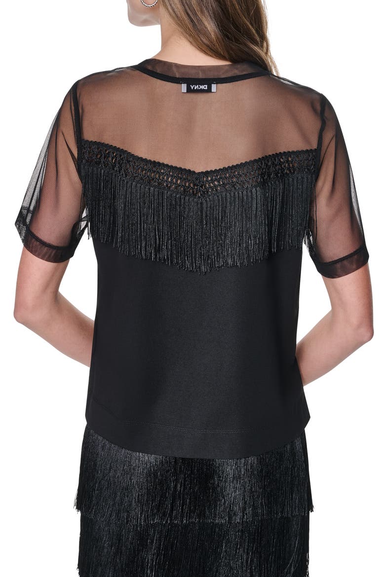 Fringe Detail Cotton Blend Mesh Top, Alternate, color, BLACK