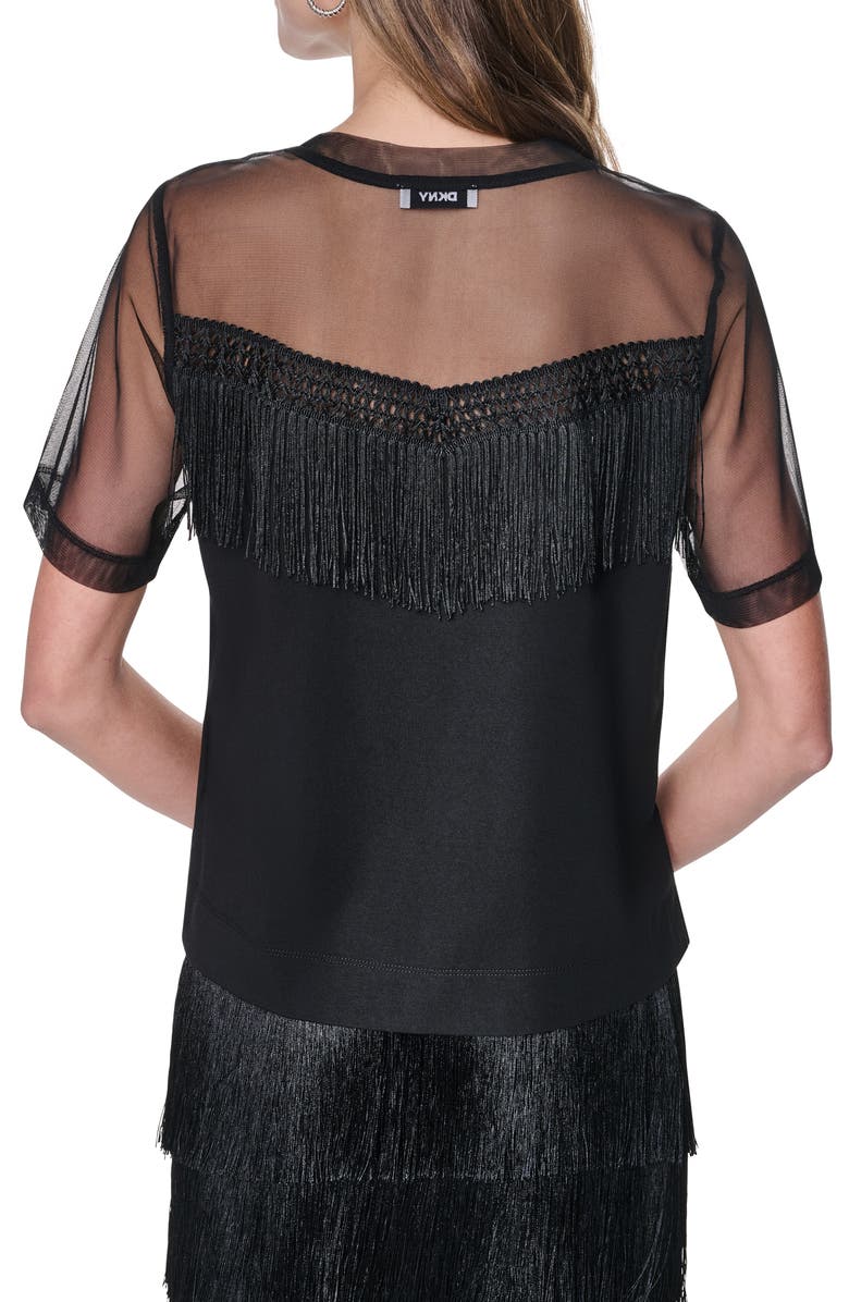 DKNY Fringe Detail Cotton Blend Mesh Top, Alternate, color, Black