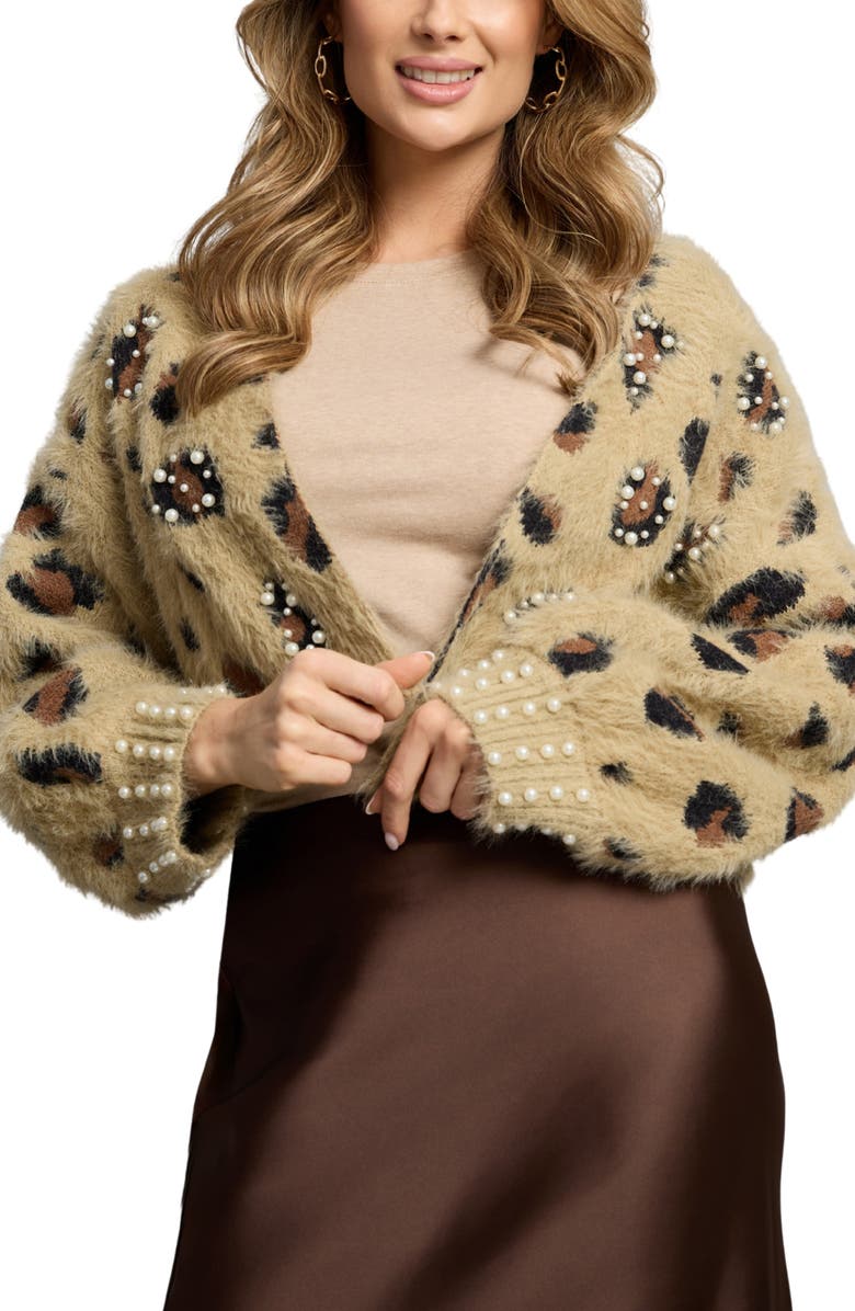 SAACHI Leopard Spot Embellished Cardigan, Main, color, Brown