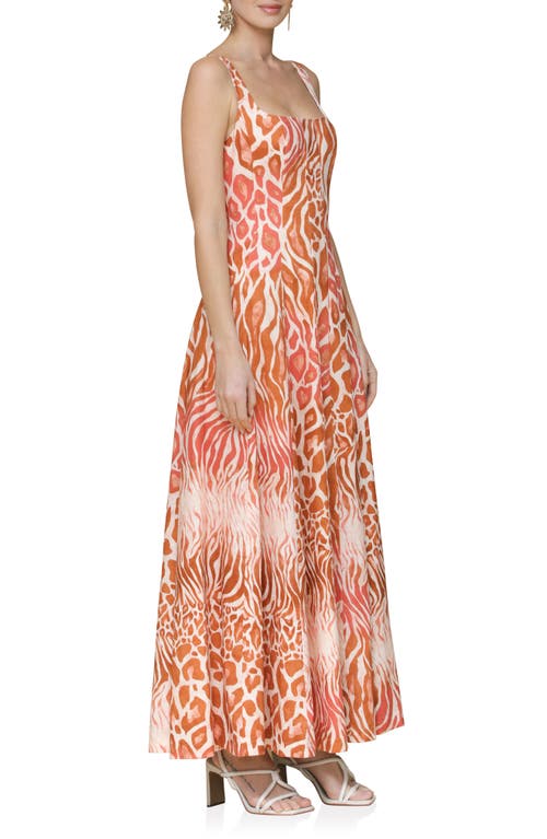 Avec Les Filles Mixed Animal Print Paneled Linen Blend Maxi Dress In Orange