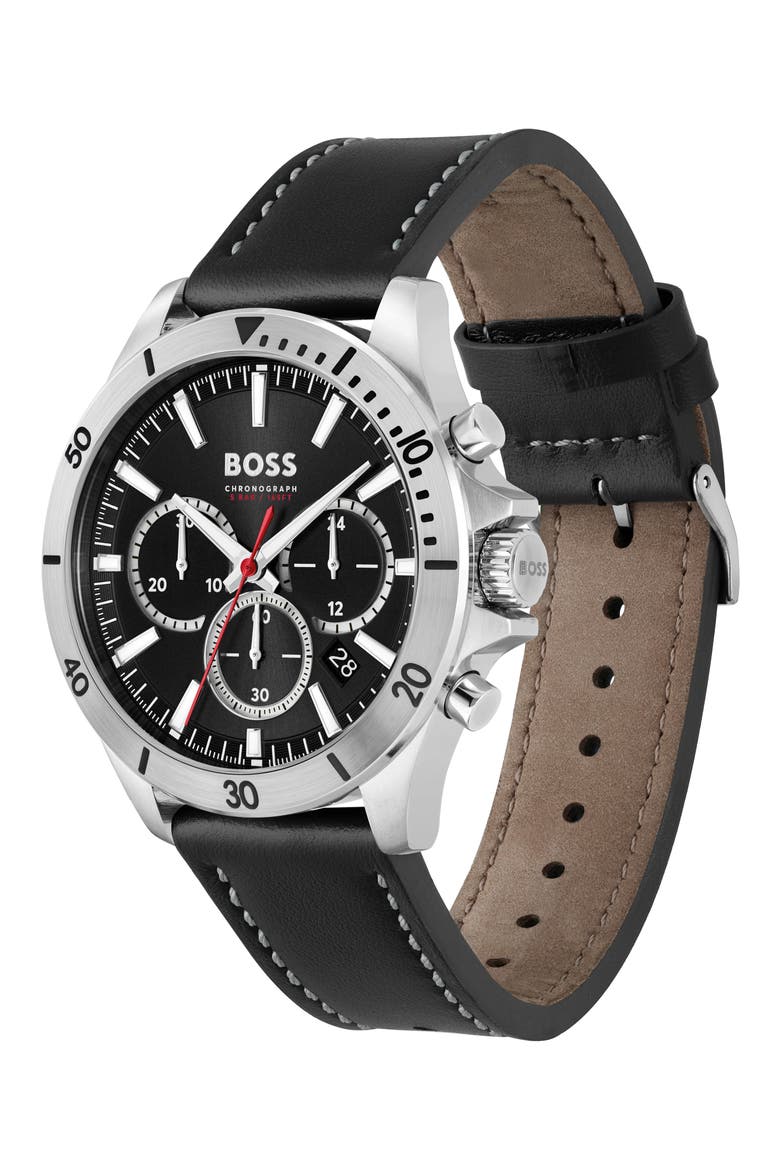 Troper Chronograph Leather Strap Watch, 45mm, Alternate, color, BLACK