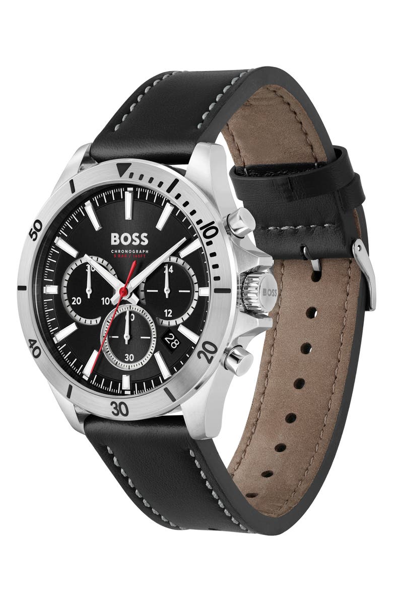 BOSS Troper Chronograph Leather Strap Watch, 45mm, Alternate, color, Black