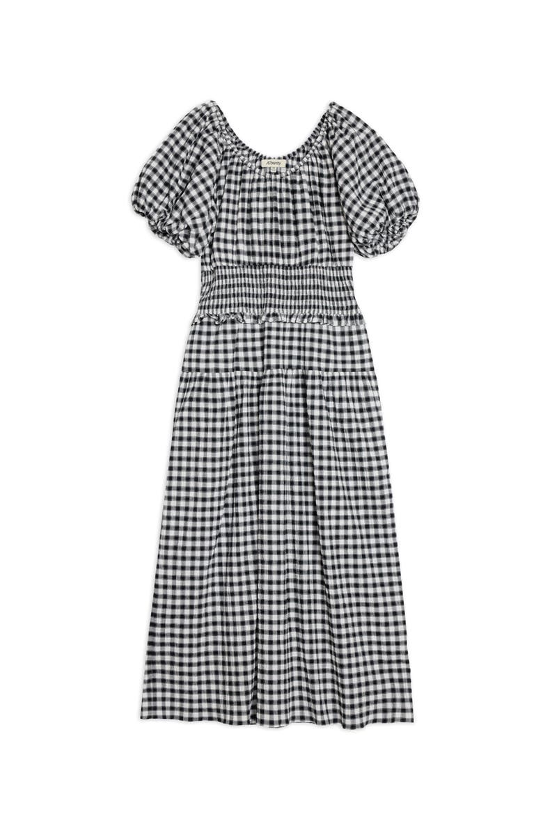 Gingham Blouson Sleeve Midi Dress, Alternate, color, Black