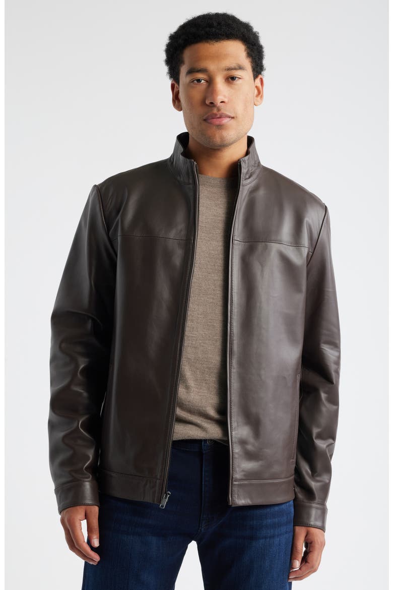 Stand Collar Leather Bomber Jacket, Main, color, BROWN BEAN