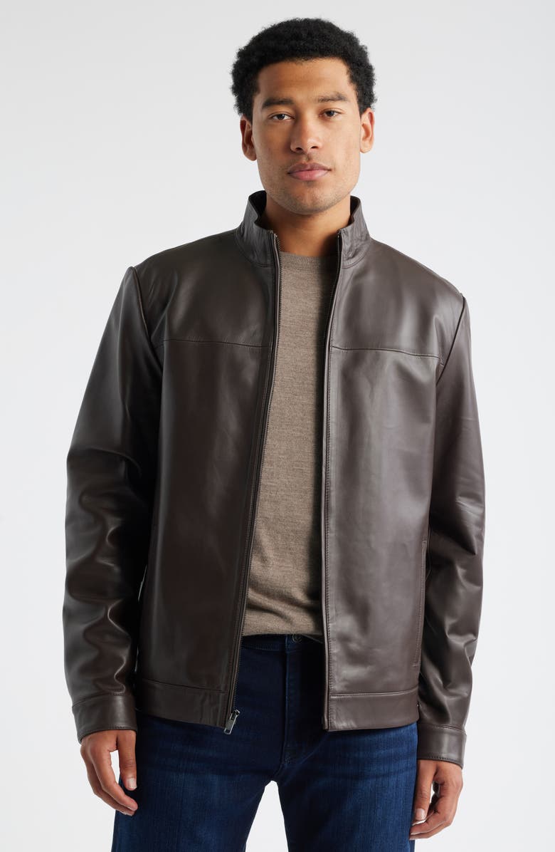 Nordstrom Stand Collar Leather Bomber Jacket, Main, color, Brown Bean