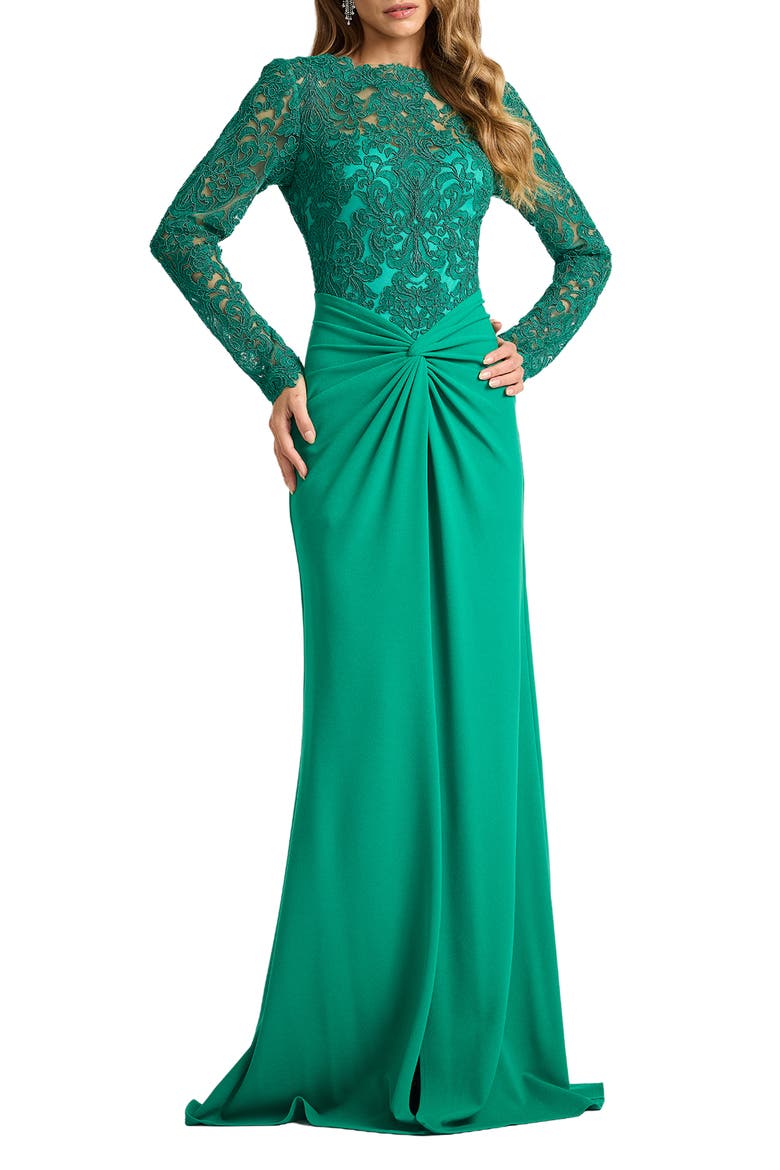 Corded Lace & Crepe Gown, Main, color, EMERALD