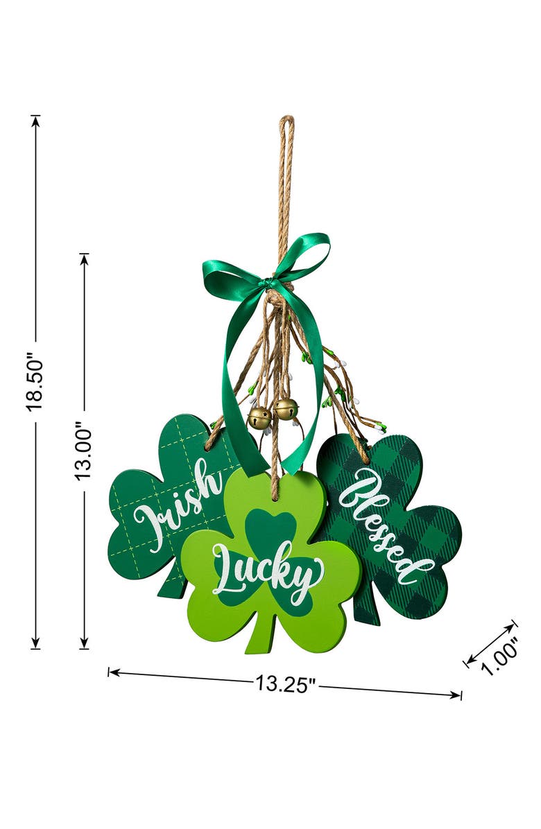 Glitzhome St. Patrick's Wooden Shamrock Door Hanger, Alternate, color, Green