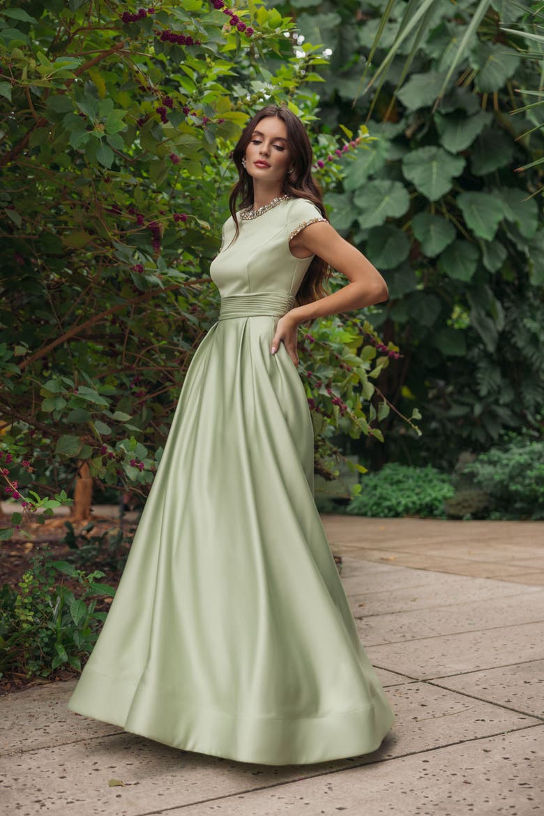 Petite Embellished Satin Cap Sleeve Ball Gown, Alternate, color, Sage