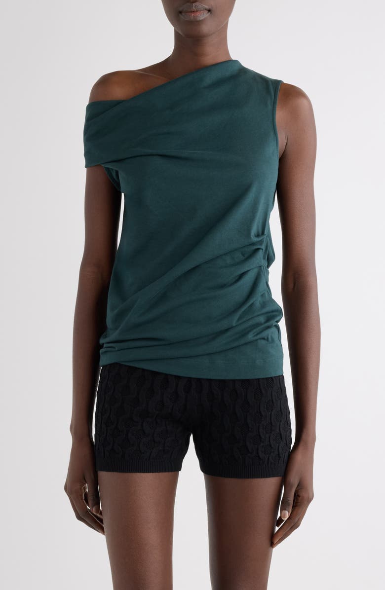 Dries Van Noten Draped Cotton Jersey One-Shoulder Top, Main, color, Dark Green