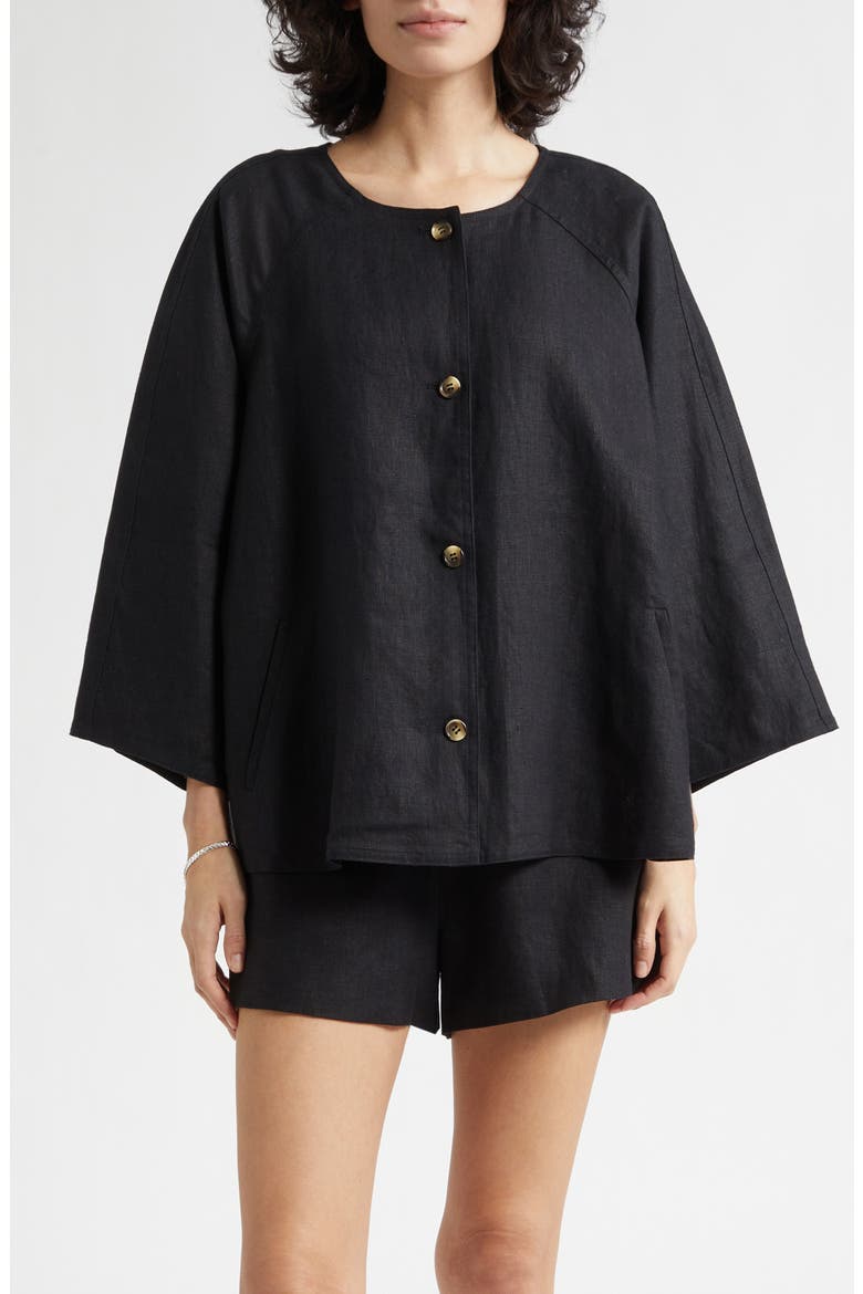 Olivia Flare Linen Button-Up Top, Main, color, BLACK