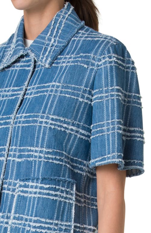 Akris Punto Fringed Check Denim Short-sleeve Shirt Jacket In Medium Blue Denim