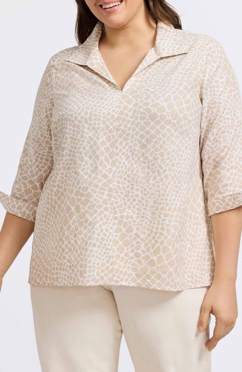 Agnes Print Three-Quarter Sleeve Linen Blend Popover Top (Plus)