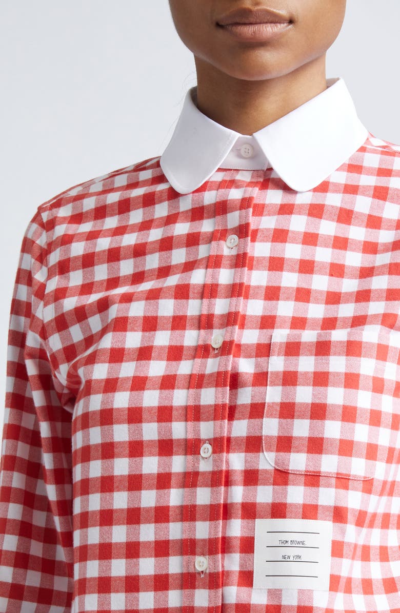 Thom Browne 4-Bar Gingham Check Flannel Crop Button-Up Shirt, Alternate, color, Red
