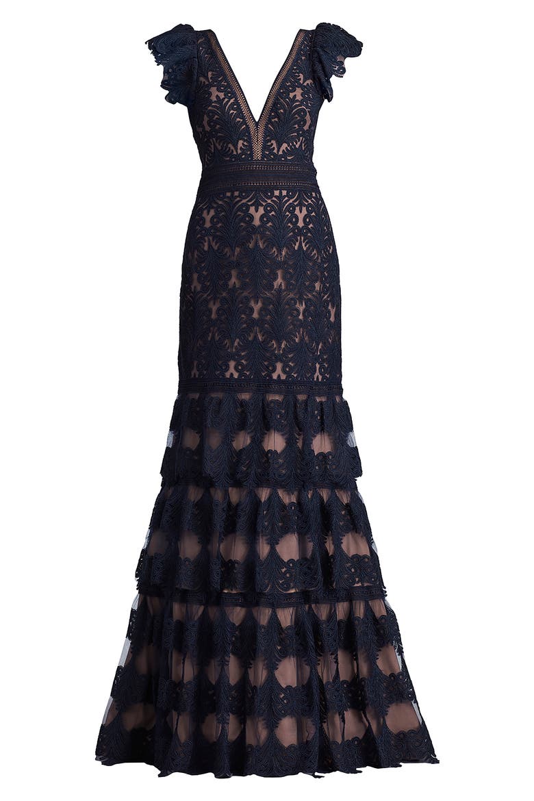 Flutter Sleeve Tiered Plunge Neck Gown, Alternate, color, ROYAL NAVY