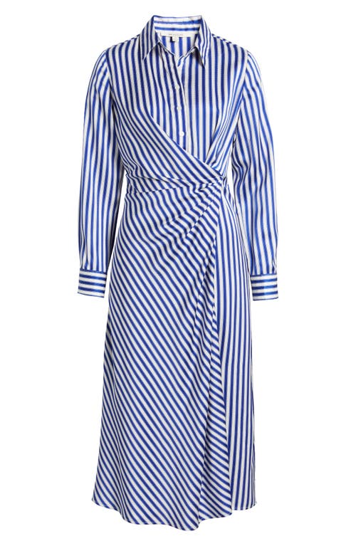 Zoe And Claire Stripe Wrap Waist Long Sleeve Midi Shirtdress In Ivory/blue