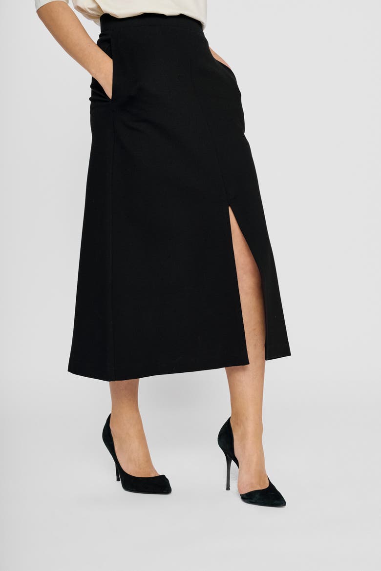Amine Mid Slit Midi Skirt, Alternate, color, Black
