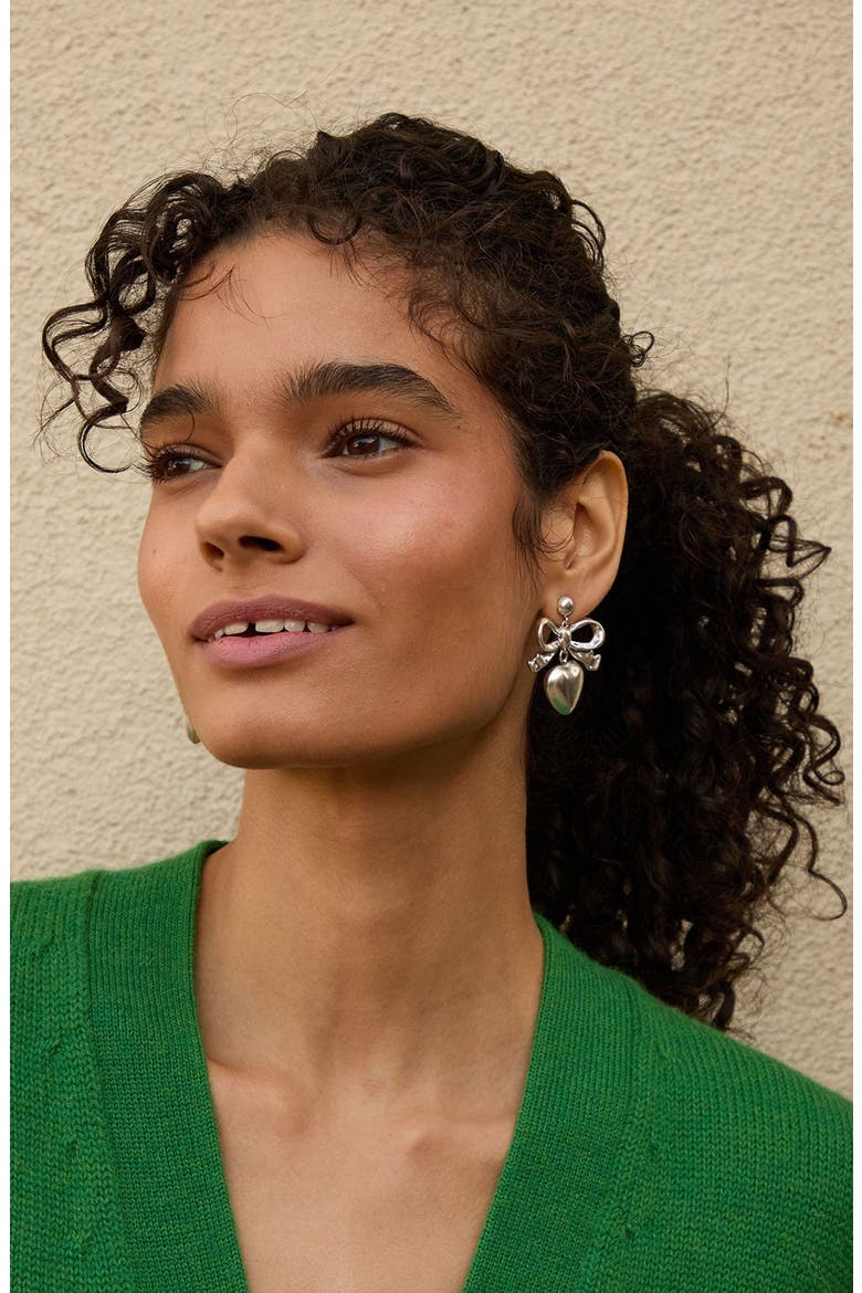 Bow & Heart Drop Earrings, Alternate, color, SILVER