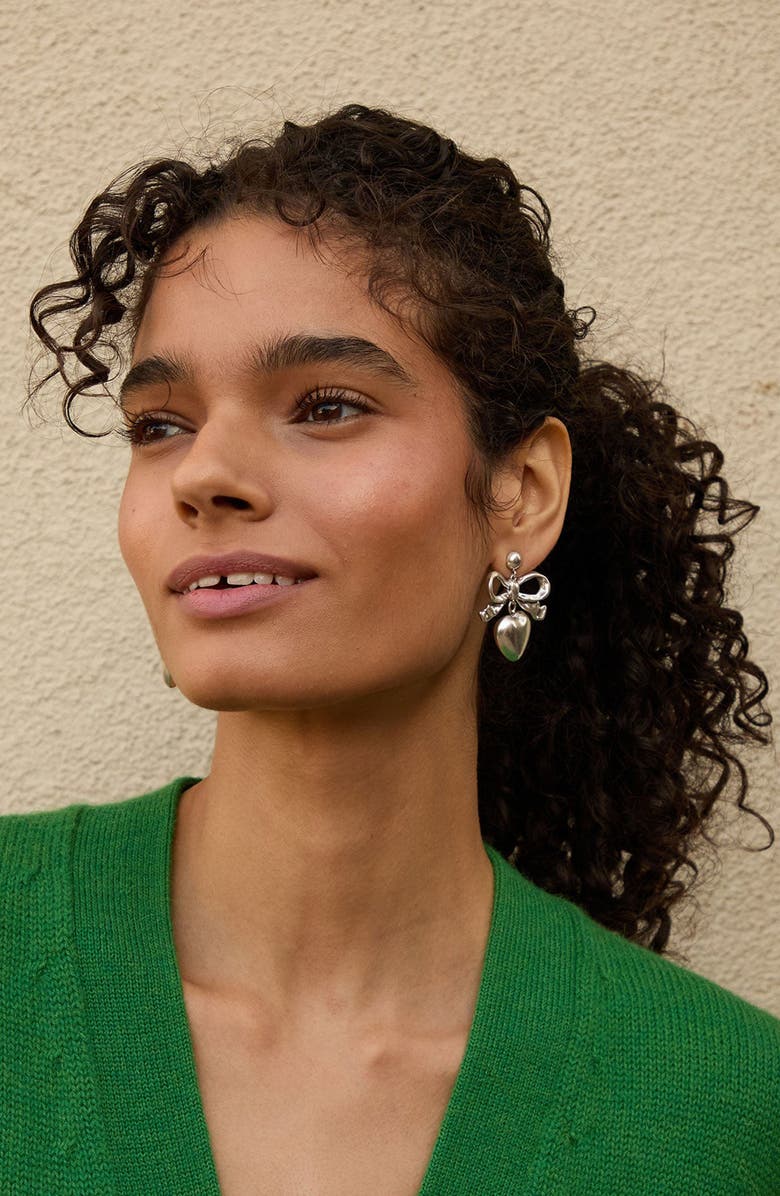 Clare V. Bow & Heart Drop Earrings, Alternate, color, Silver