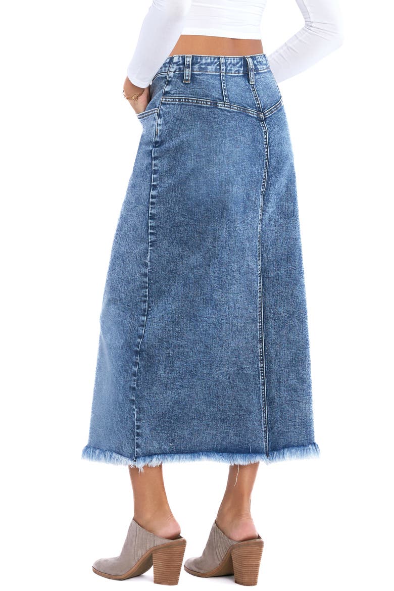 Mia Crossover Waist Raw Hem Midi Denim Skirt, Alternate, color, MIA BLUE