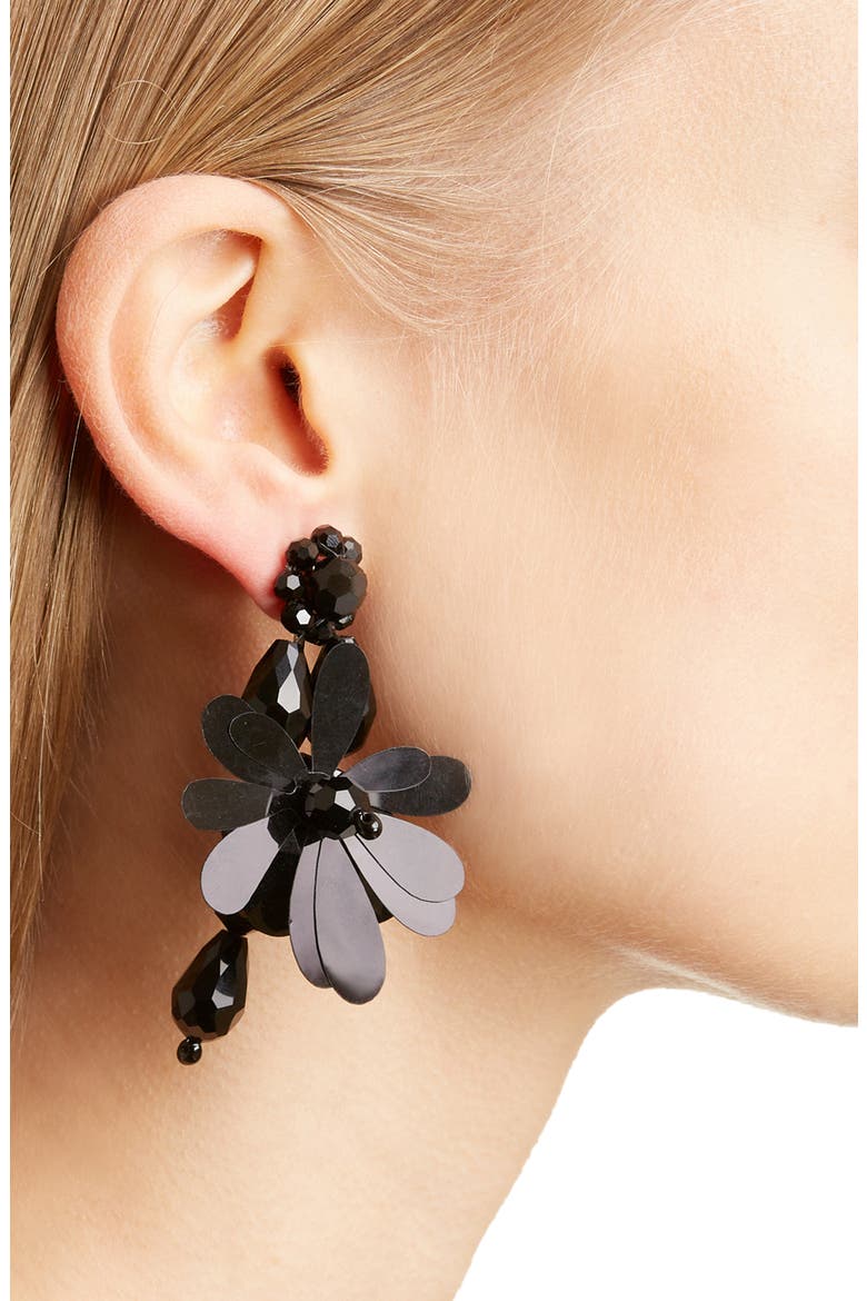 Beaded Flower Drop Earrings, Alternate, color, JET