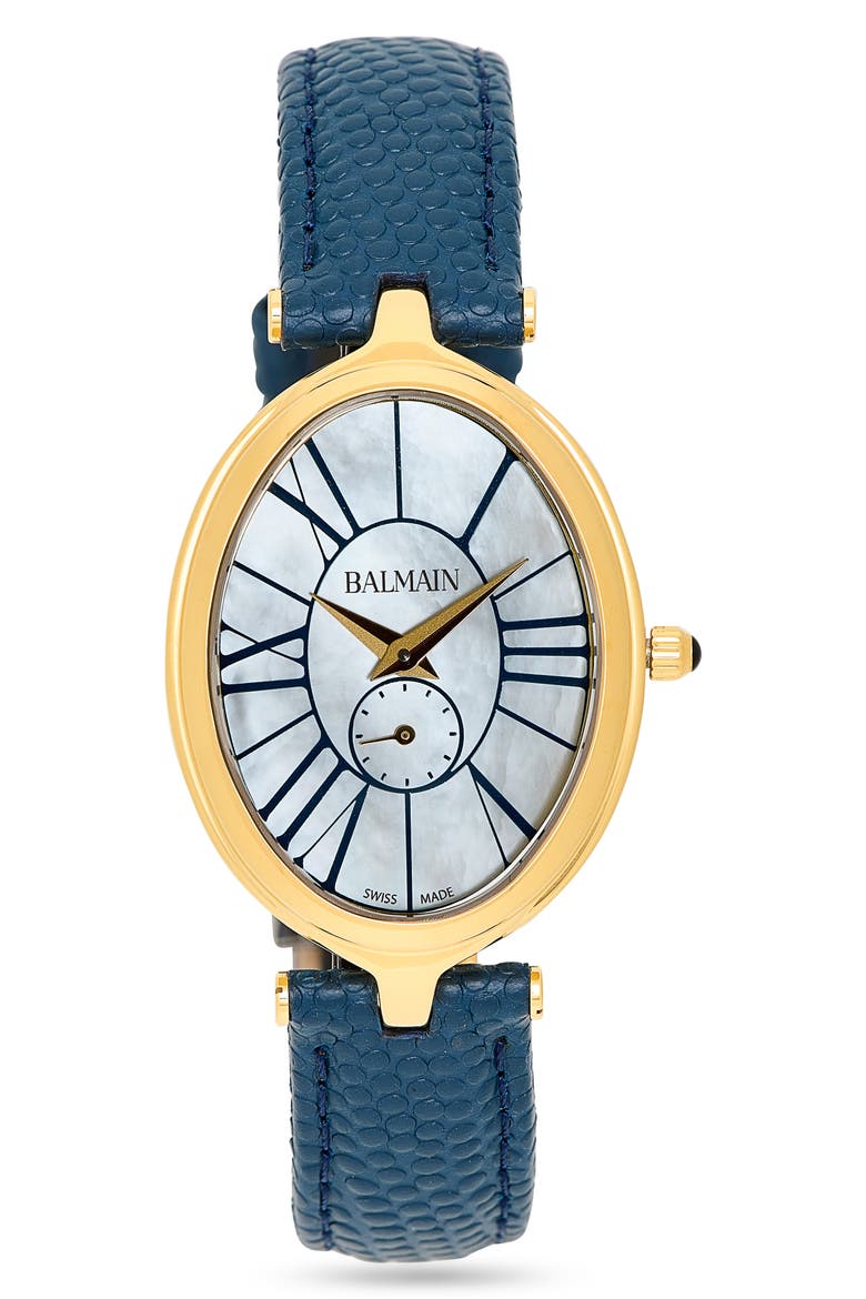 Haute Elegance Oval Leather Strap Watch, 26mm x 32mm, Main, color, YELLOW GOLD BLUE
