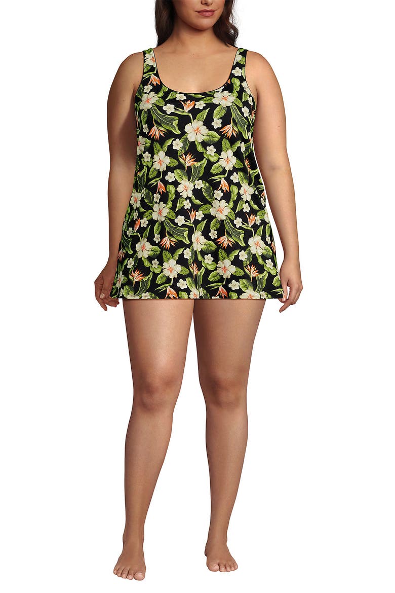 Scoop Neck Mini Swim Dress One Piece Swimsuit, Alternate, color, Hibiscus Floral/Black