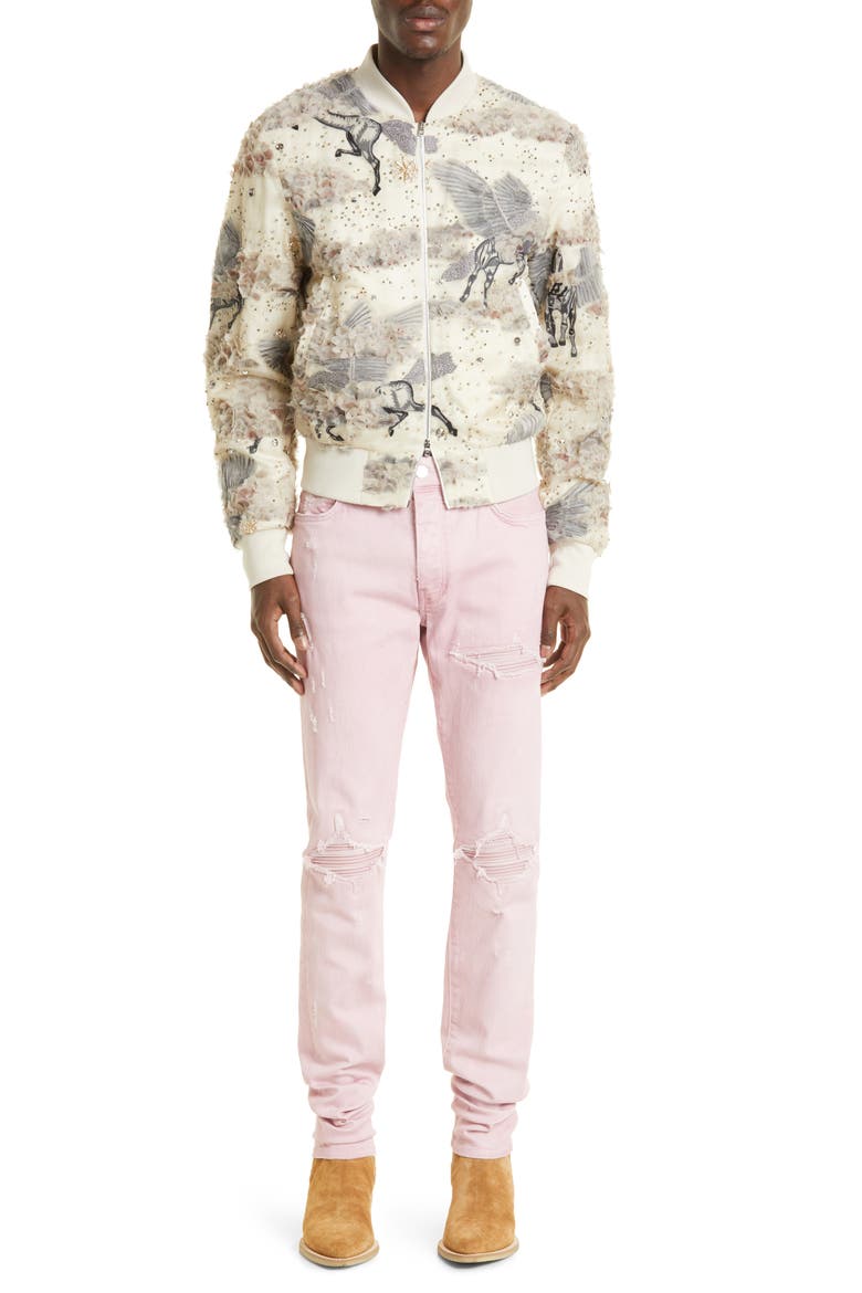 Embellished Pegasus Logo Silk Organza Shrunken Bomber Jacket, Alternate, color, LIGHT TAN