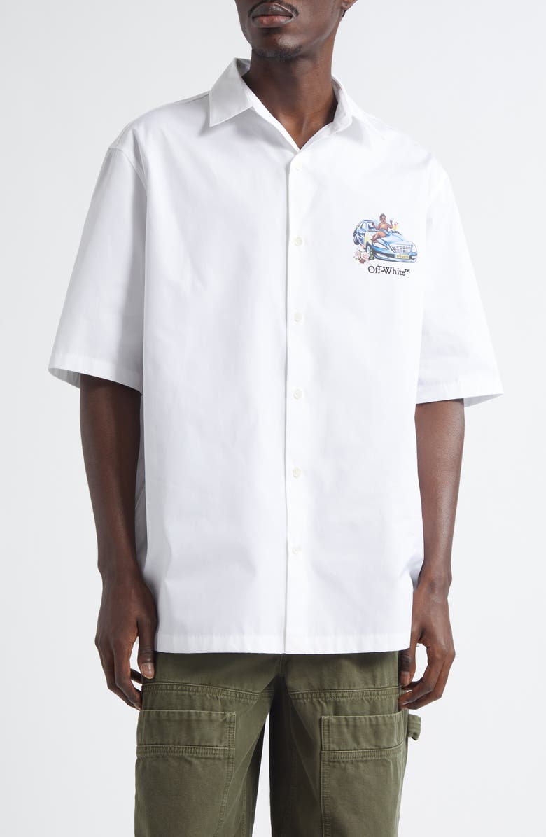 Off-White Fresco Arrow Short Sleeve Cotton Bowling Shirt, Main, color, White - Mu