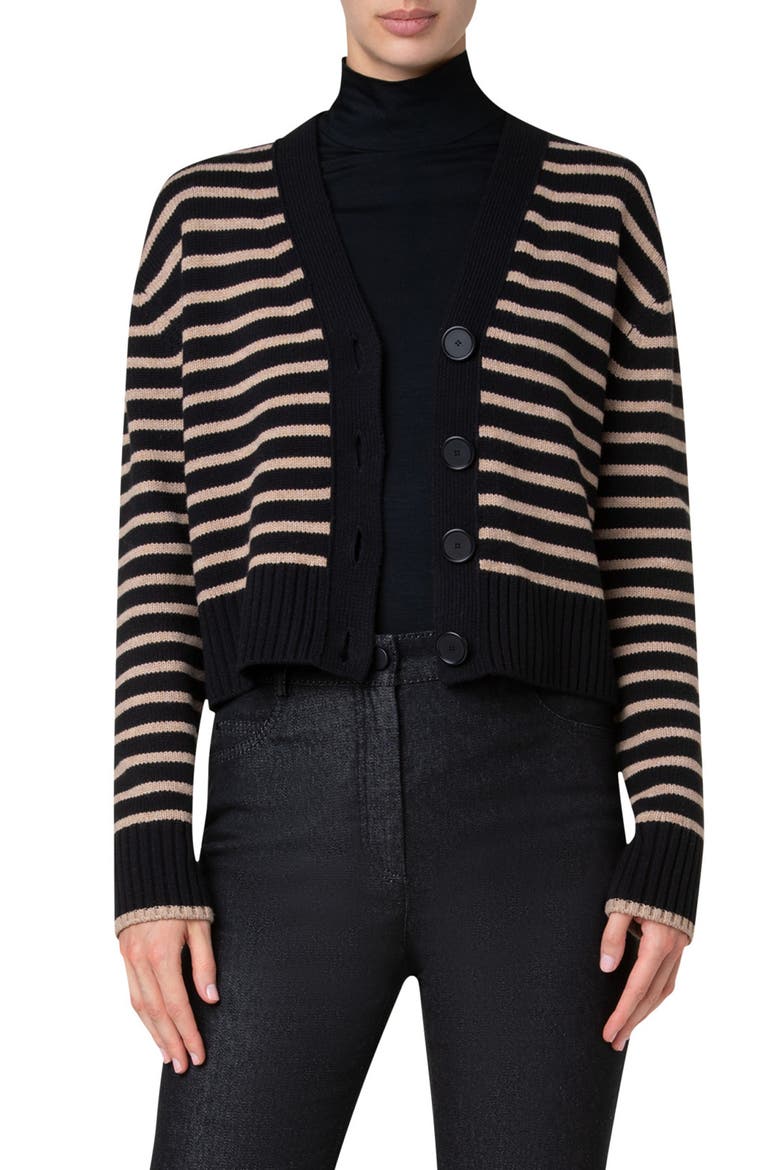 Stripe Wool & Cashmere Cardigan, Main, color, BLACK-CARAMEL