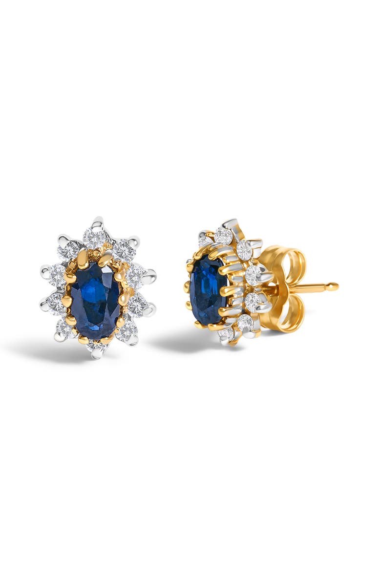14K Yellow Gold 1/4 Cttw Diamond and Sapphire Sunburst Halo Stud Earrings, Alternate, color, Yellow