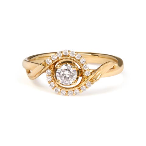 14K Yellow Gold 1/3 Cttw Diamond Solitaire and Halo Swirl Engagement Ring