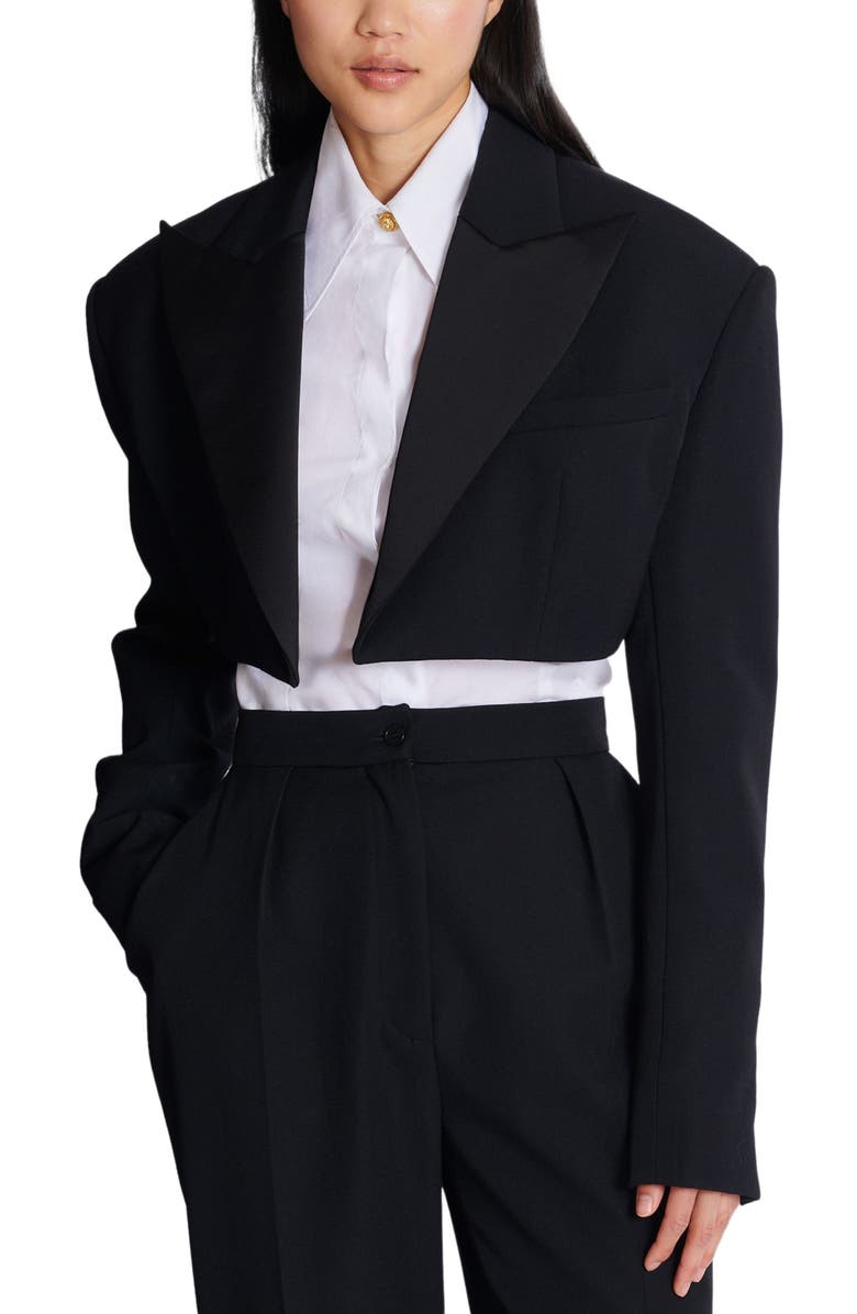 Balmain Cropped grain de poudre jacket, Alternate, color, Black