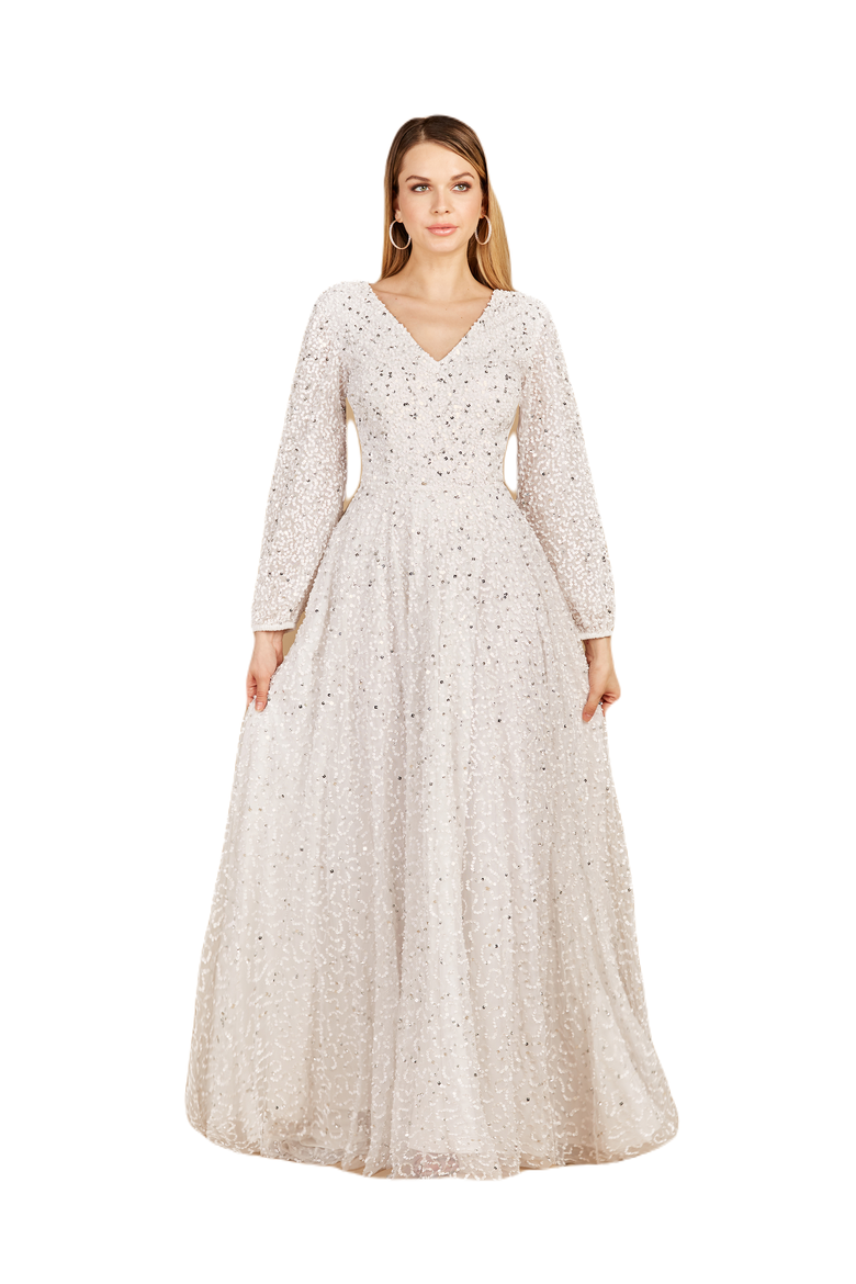 Long Sleeve, Beaded A-Line Bridal Dress, Main, color, Ivory