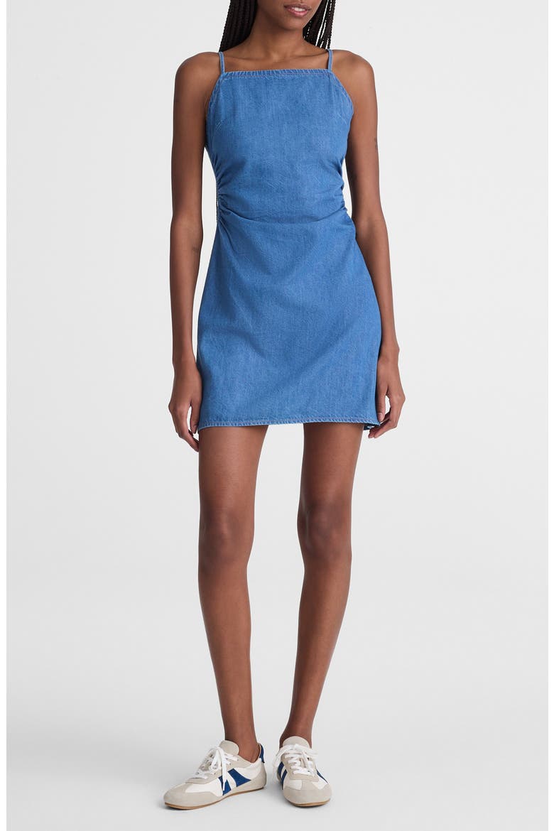Ruched Square Neck Denim Minidress, Main, color, FADED SHORELINE
