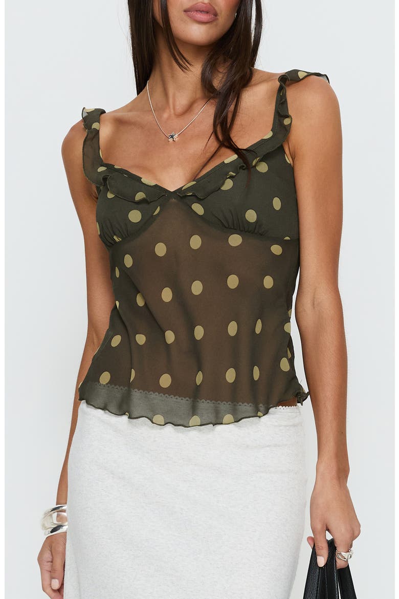 Zayliah Frill Detail Polka Dot Top, Main, color, GREEN POLKA