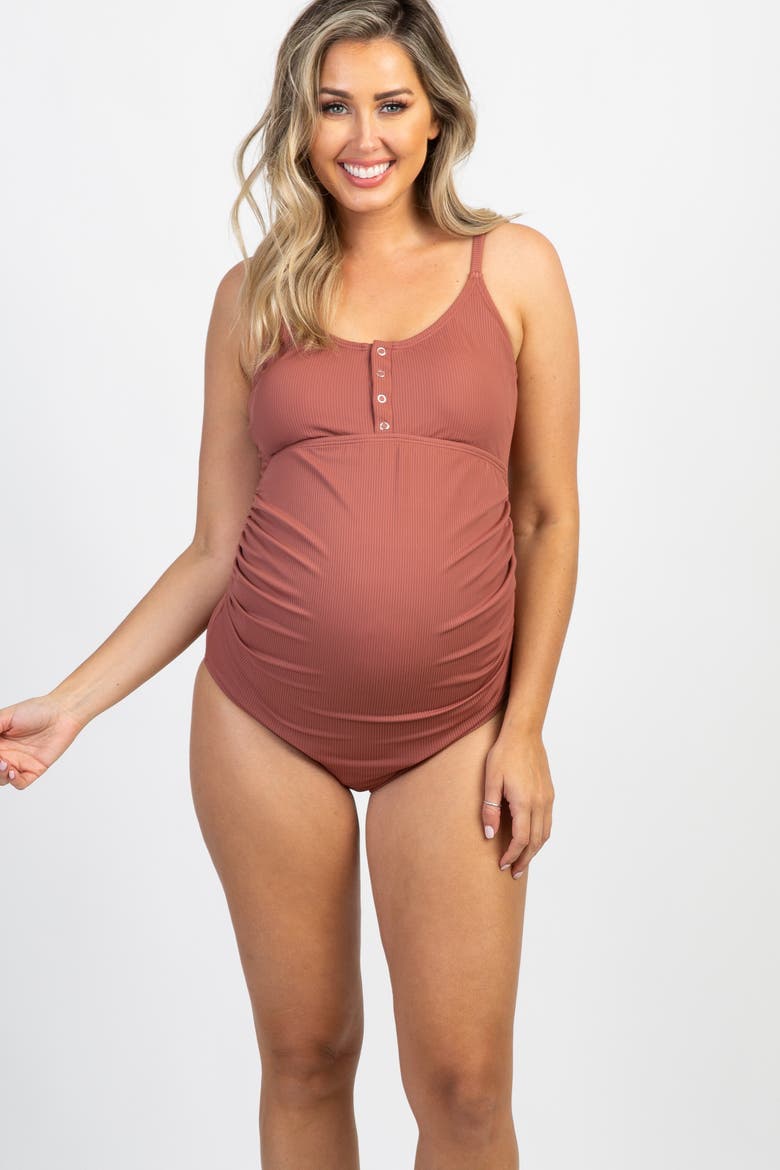 Ribbed Snap Front One-Piece Maternity Swimsuit, Alternate, color, Mauve