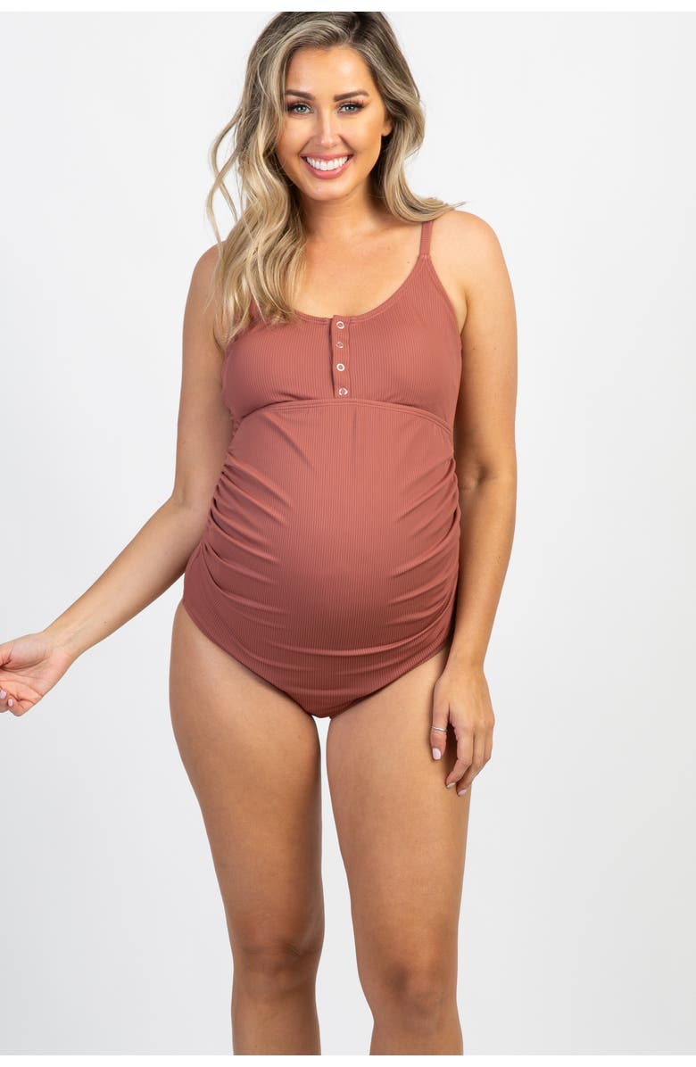 PinkBlush Ribbed Snap Front One-Piece Maternity Swimsuit, Alternate, color, Mauve