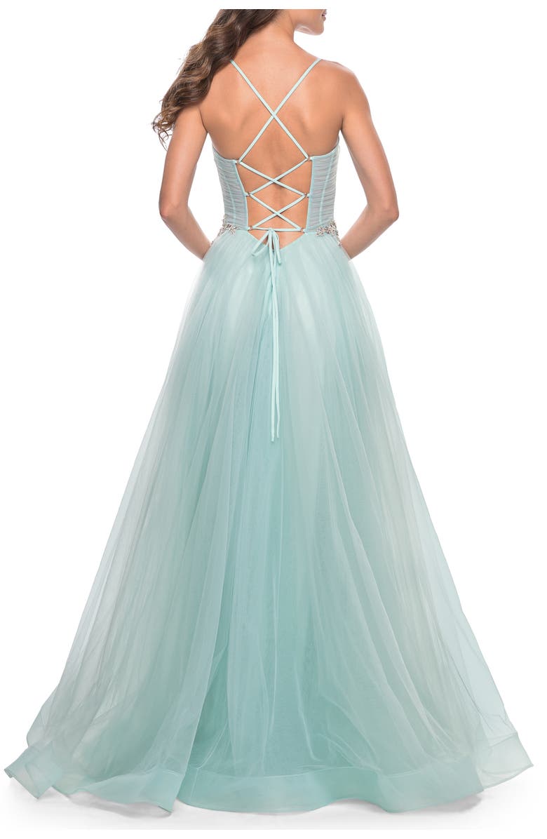 La Femme A-Line Prom Gown with Ruched Bodice and Rhinestone Belt Detail, Alternate, color, Light Blue