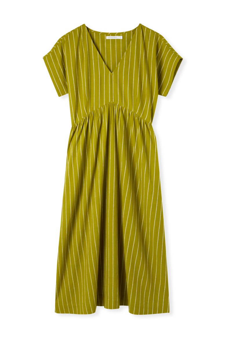 V-Neck Gathered-Waist Striped Midi Dress, Alternate, color, Willow Stripe