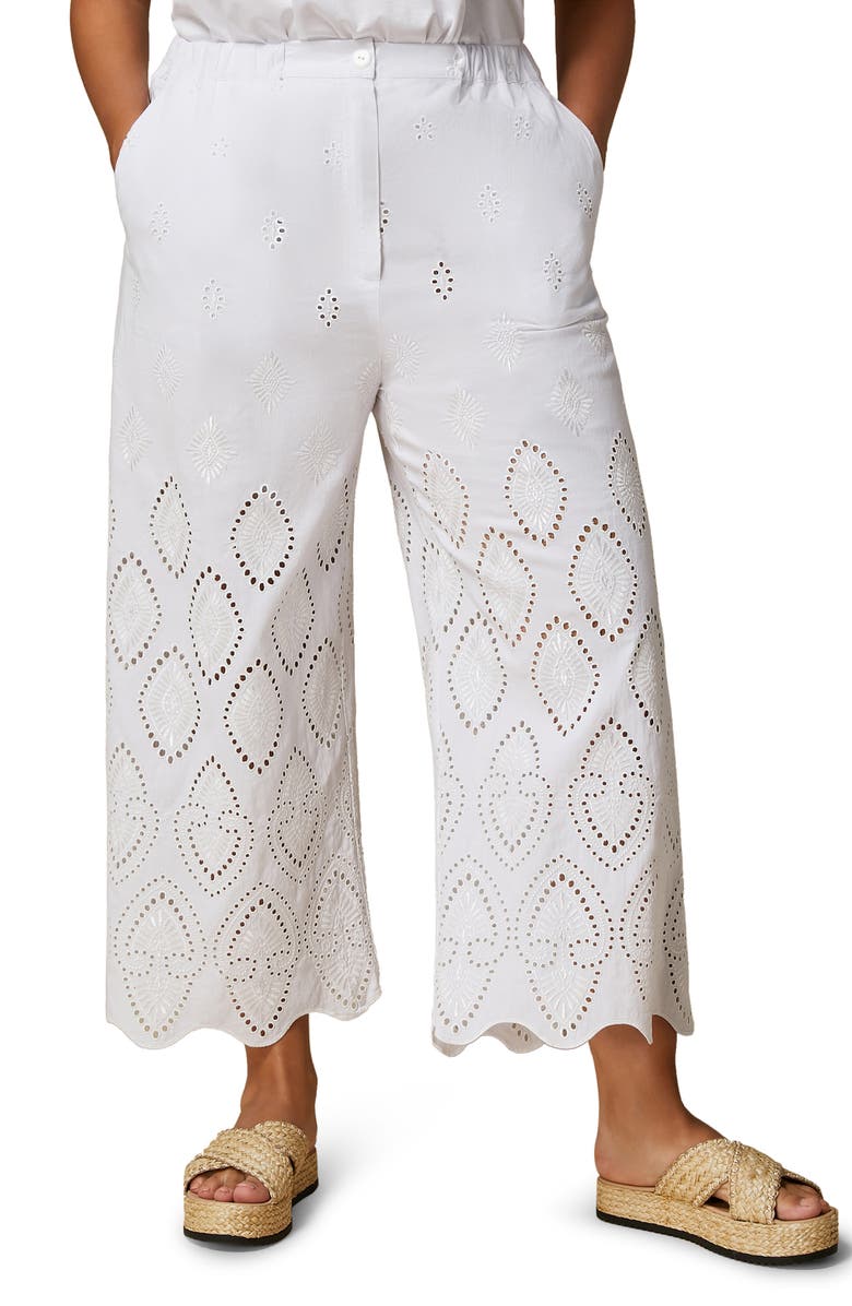 Marina Rinaldi Aggravi Embroidered Wide Leg Linen Pants, Main, color,
